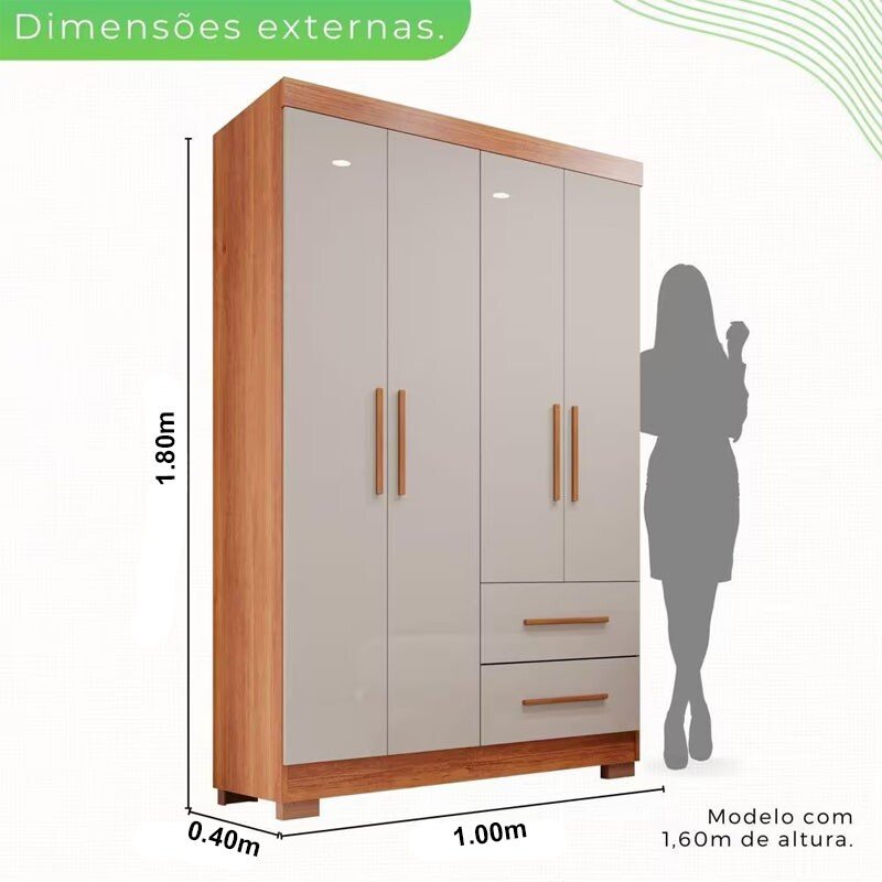 Roupeiro Solteiro Estrela Cinamomo/Off 4 Portas C/ Pés Larg. 1.00m - Sallêto - Imagem 3