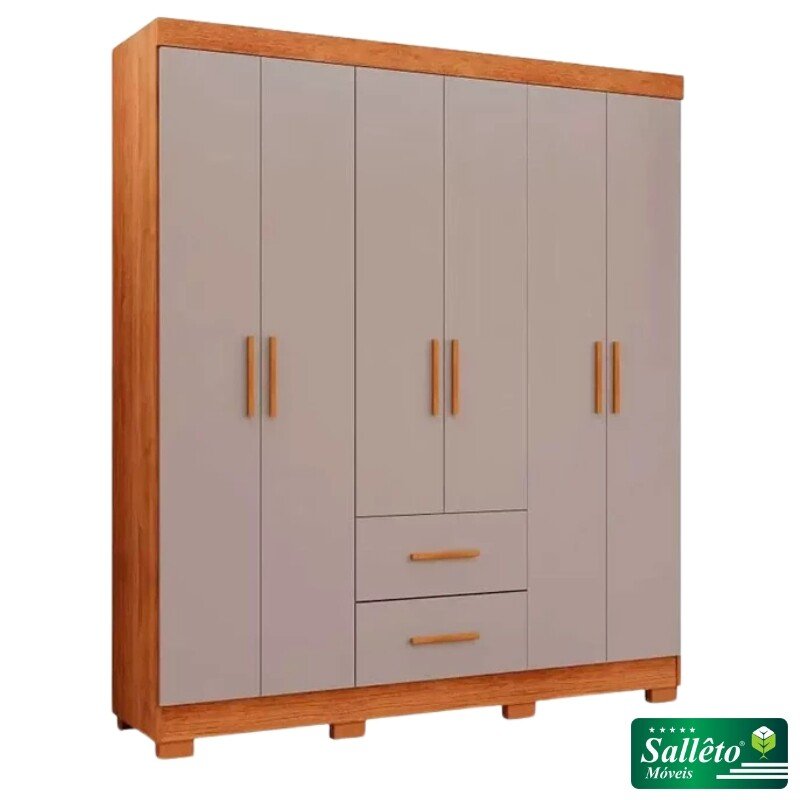 Roupeiro Solteiro Estrela Cinamomo/Off 6 Portas 2 Gavetas C/ Pés Larg. 1.50m - Sallêto