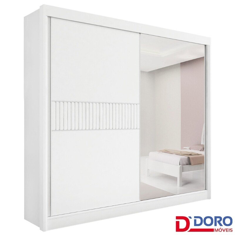 Roupeiro Titanium Branco 2 Portas C/ 1 Espelho Detalhe Ripado 100% MDF Larg. 2.20m - D Doro