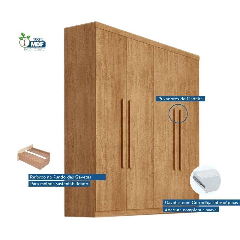 Guarda-roupa Império Nature 4 Portas 3 Gavetas Larg. 1.80m 100% MDF Rufato - Oferta - Imagem 3
