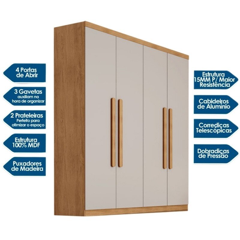 Guarda-roupa Império Nature/Off 4 Portas 3 Gavetas Larg. 1.80m 100% MDF Rufato - Oferta - Imagem 3
