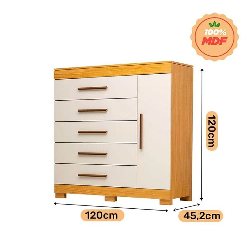 Cômoda Rayane 100% MDF com 5 Gavetas e Sapateira Larg. 1.20m Nature/Off White ACP - Imagem 2