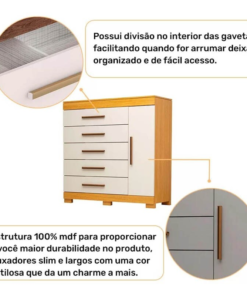 Cômoda Rayane 100% MDF com 5 Gavetas e Sapateira Larg. 1.20m Nature/Off White ACP - Imagem 3