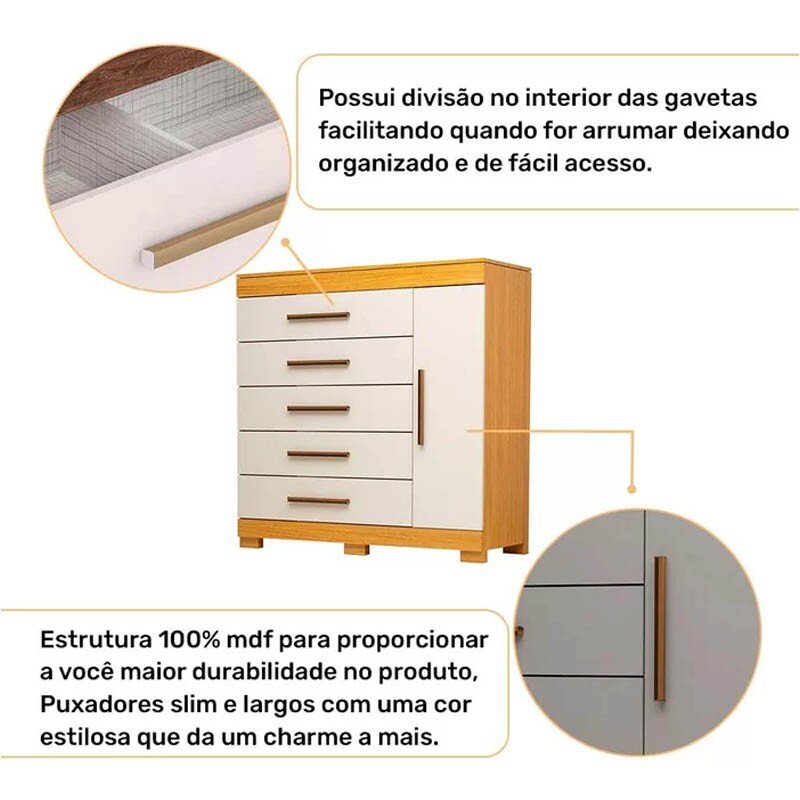 Cômoda Rayane 100% MDF com 5 Gavetas e Sapateira Larg. 1.20m Nature/Off White ACP - Imagem 3