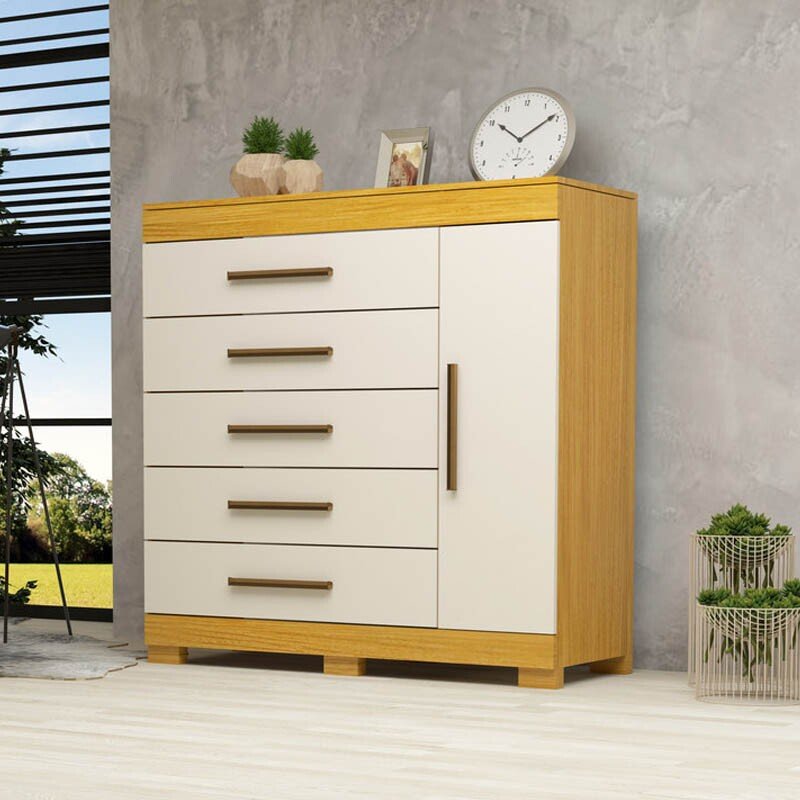 Cômoda Rayane 100% MDF com 5 Gavetas e Sapateira Larg. 1.20m Nature/Off White ACP