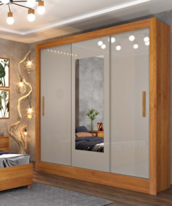 Guarda-Roupa Casal 3 Portas c/ Espelho Valência Larg. 1.90m Cinamomo/Off/Cinamomo Tcil