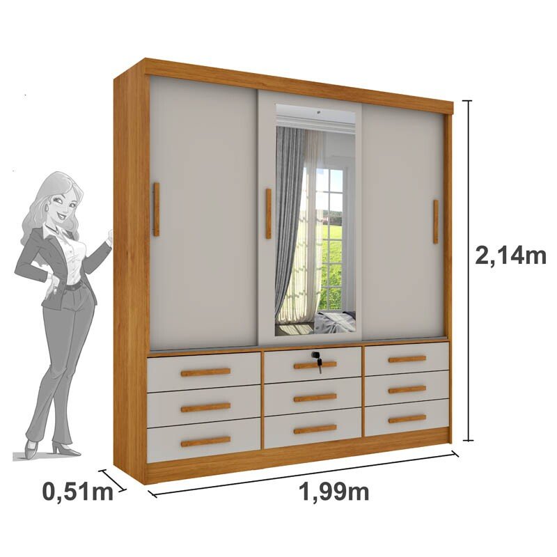Guarda-Roupa Casal Chicago Larg. 1.99m 3 Portas c/Espelho Cinamomo/Off Tcil - Imagem 3