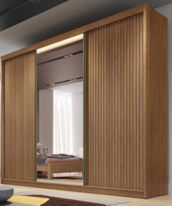 Roupeiro Diamond Plus Cumaru 3 Portas 8 Gavetas C/ 1 Espelho Ripado 3D Larg. 2.41m 100% MDF - Novo Horizonte