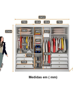 Roupeiro Casal Diamond Plus Neve Fosco 3 Portas 8 Gavetas C/ 1 Espelho 100% MDF Larg. 2.41m - Novo Horizonte - Imagem 3
