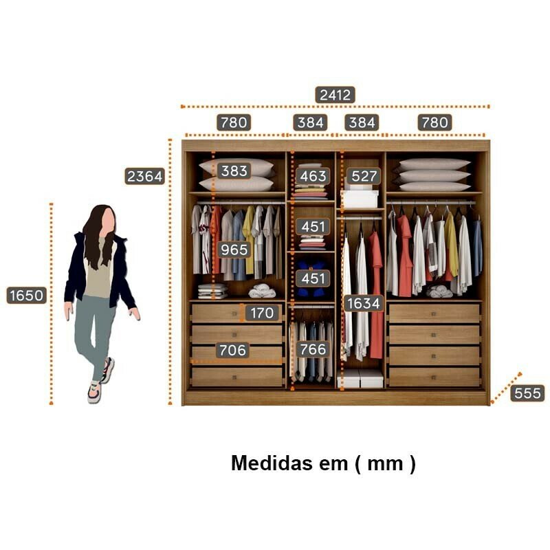 Guarda-Roupa Casal 3 Pts 8 Gav. Espelhadas Diamond Plus MDF Cumaru Larg. 2.41m Novo Horizonte - Imagem 3