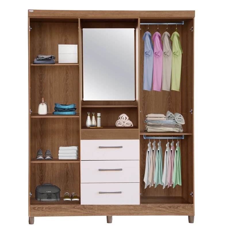 Guarda-Roupa Solteiro Capelinha Lyon c/Espelho 4 portas Mel/Areia Com Pés Rud Rack - Imagem 2