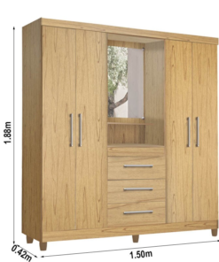 Guarda-Roupa Solteiro Capelinha Lyon c/Espelho 4 portas Cinamomo Com Pés Rud Rack - Imagem 3
