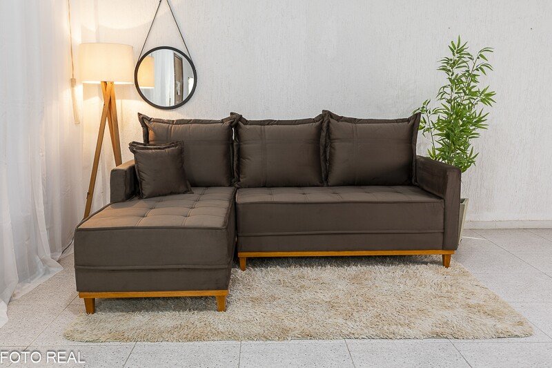 Sofá 3 Lug. Milão C/Chaise Lado Direito Veludo Marrom 815 Larg. 2.30m - Molas Ensacadas - Imagem 2