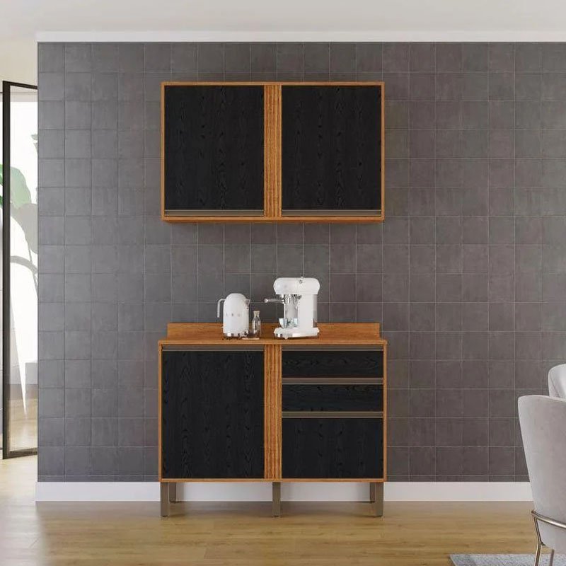 Balcão Pérola Cinamomo/Preto 1.20m + Aéreo Pérola 2 Portas Cinamomo/Preto 1.20m - Sallêto