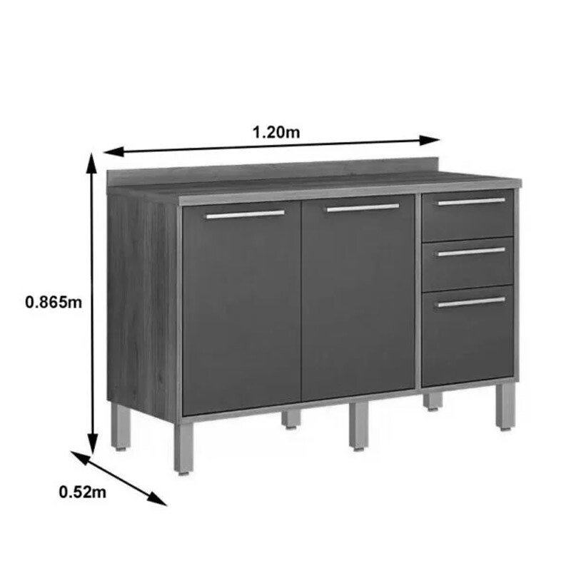 Balcão Cozinha Paris Cinamomo/Off white 3 Portas 2 Gavetas Larg. 1.20m Sallêto - Imagem 3