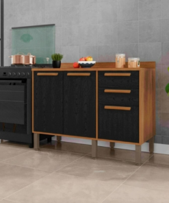 Balcão Flórida Larg. 1.20m Cinamomo/Preto 3 Portas 2 Gavetas Sallêto - Oferta