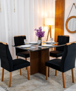 Alternative view of Mesa de Jantar Helo 120×90 Tampo MDF Vidro Preto 4 Cad. Lisboa Veludo Preto 504 Madeira Maciça