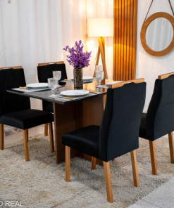 Mesa de Jantar Helo 120×90 Tampo MDF Vidro Preto 4 Cad. Lisboa Veludo Preto 504 Madeira Maciça