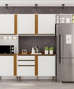 Torre Quente Cozinha Pérola + Balcão 1.20m + Aéreo 2 Portas 1.20m + Armário de geladeira Pérola Branco/Cinamomo - Sallêto