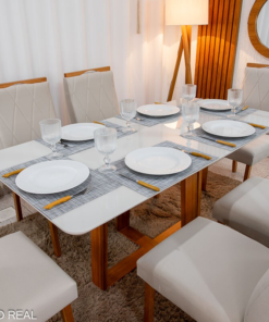 Mesa de Jantar Pedro 160×80 Vidro Off/Base Madeira + 6 Cad. Lisboa Veludo Bege 512 Madeira Art Assento - Entregue Montada - Imagem 2