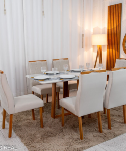Mesa de Jantar Pedro 160×80 Vidro Off/Base Madeira + 6 Cad. Lisboa Veludo Bege 512 Madeira Art Assento - Entregue Montada - Imagem 3