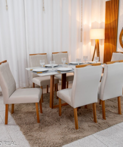 Mesa de Jantar Pedro 160×80 Vidro Off/Base Madeira + 6 Cad. Lisboa Veludo Bege 512 Madeira Art Assento - Entregue Montada