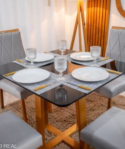 Alternative view of Mesa de Jantar Pedro 90×90 Vidro Preto/Base Madeira + 4 Cad. Lisboa Veludo Prata 514 Madeira Entregue Montada - Art Assento