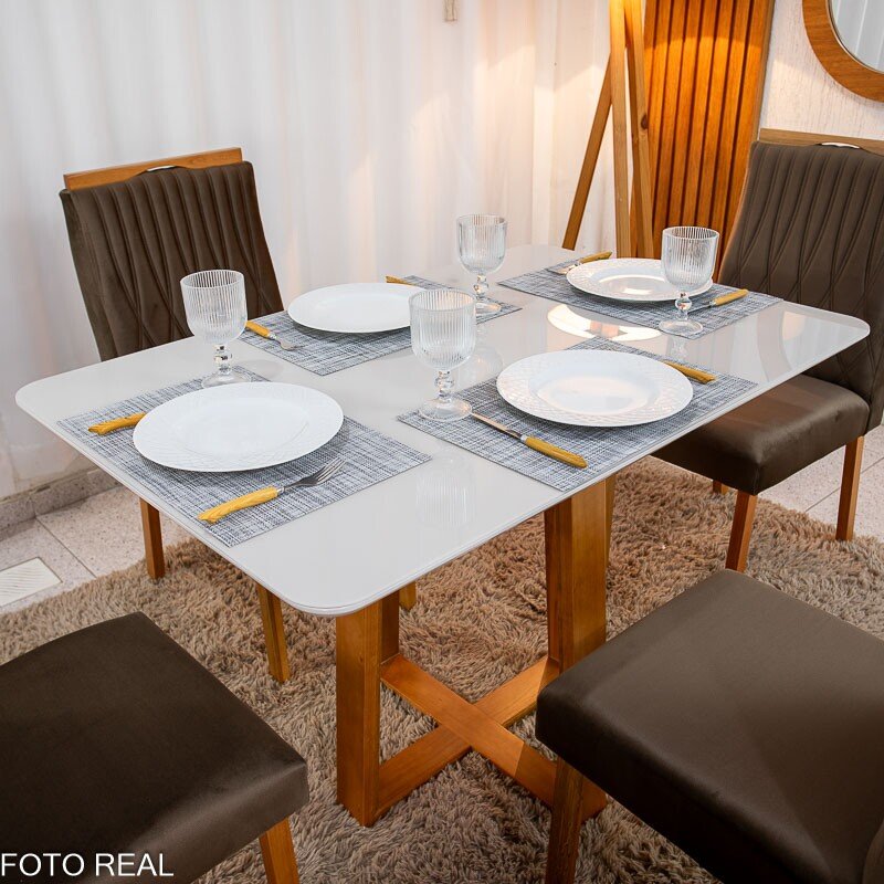 Mesa de Jantar Pedro 120×80 Mel Vidro Off + 4 Cad. Genova Veludo Marrom 509 Madeira Art Assento - Entregue Montada - Imagem 2