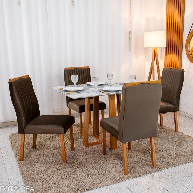 Mesa de Jantar Pedro 120×80 Mel Vidro Off + 4 Cad. Genova Veludo Marrom 509 Madeira Art Assento - Entregue Montada