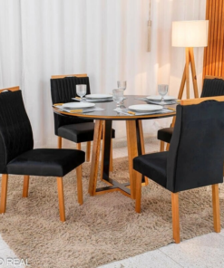 Mesa de Jantar Atlanta Redonda 120cm Vidro Preto/Base Madeira Minas Plac + 4 Cad. Lisboa Veludo Preto 504 Madeira Art Assentos - Entregue Montada