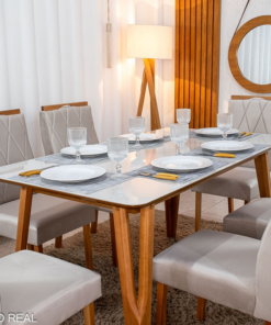 Mesa de Jantar Siena 160x90 Vidro Off/Base Madeira + 6 Cad. Lisboa Veludo Bege 512 Madeira Art Assento - Entregue Montada - Imagem 2