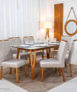 Mesa de Jantar Siena 160x90 Vidro Off/Base Madeira + 6 Cad. Lisboa Veludo Bege 512 Madeira Art Assento - Entregue Montada - Imagem 3