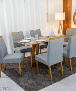 Mesa de Jantar Dubai Tampo Londres Cinamomo 160x80 Cel Móveis + 6 Cad. Isabela Linho Cinza 05 Madeira KM Decor - Entregue Montada