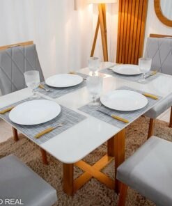 Mesa de Jantar Bali 120x80 Vidro Off/Base Madeira Minas Plac + 4 Cad. Lisboa Veludo Prata 514 Madeira Art Assento - Entregue Montada - Imagem 2