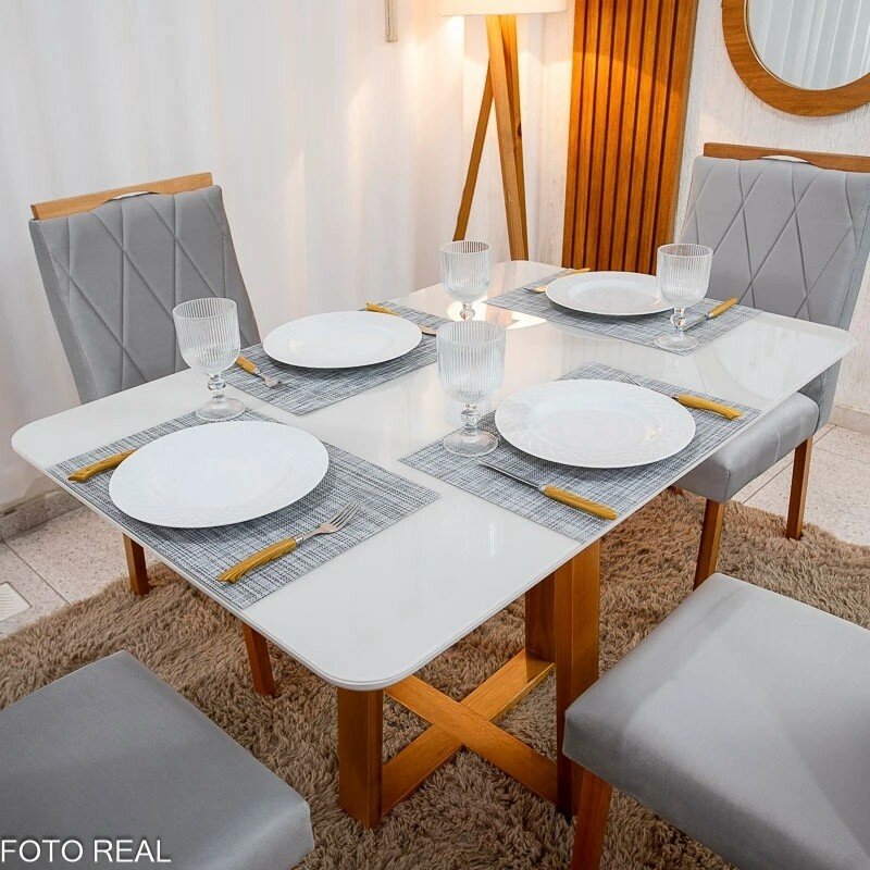 Mesa de Jantar Bali 120x80 Vidro Off/Base Madeira Minas Plac + 4 Cad. Lisboa Veludo Prata 514 Madeira Art Assento - Entregue Montada - Imagem 2
