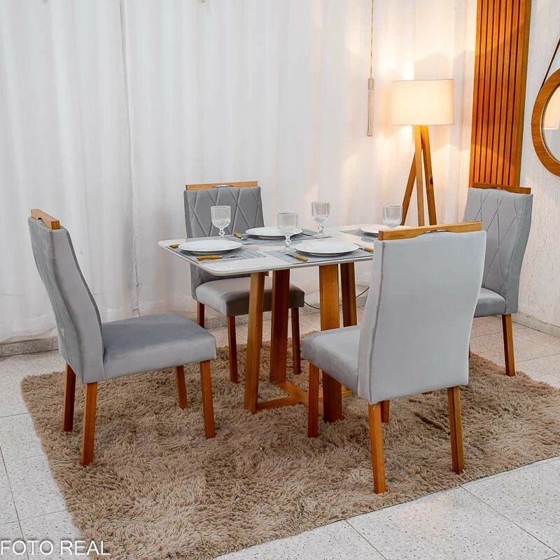 Mesa de Jantar Bali 120x80 Vidro Off/Base Madeira Minas Plac + 4 Cad. Lisboa Veludo Prata 514 Madeira Art Assento - Entregue Montada - Imagem 3
