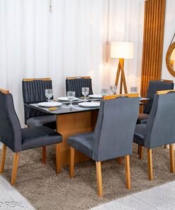 Mesa de Jantar Moscou 160x80 Vidro Preto/Base Cinamomo - Minas Plac + 6 Cad. Genova Veludo Cinza 507 Madeira Art Assentos - Entregue Montada