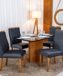 Mesa de Jantar Moscou 120x80 Vidro Preto/Base Cinamomo - Minas Plac + 4 Cad. Genova Veludo Cinza 507 Madeira Art Assentos - Entregue Montada