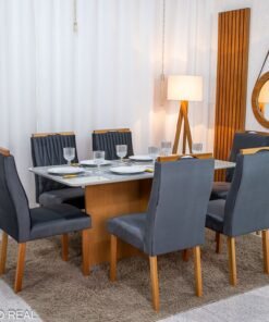 Mesa de Jantar Moscou 160x80 Vidro Off/Base Cinamomo - Minas Plac + 6 Cad. Genova Veludo Cinza 507 Madeira Art Assentos - Entregue Montada