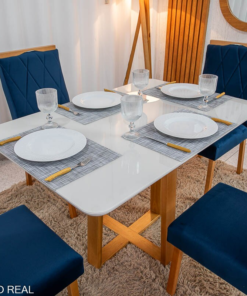 Mesa de Jantar Pedro 120x80 Vidro Off/Base Madeira + 4 Cad. Lisboa Veludo Azul 503 Madeira Art Assento - Entregue Montada - Imagem 2