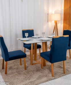Mesa de Jantar Pedro 120x80 Vidro Off/Base Madeira + 4 Cad. Lisboa Veludo Azul 503 Madeira Art Assento - Entregue Montada - Imagem 3