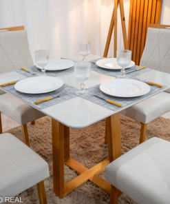 Mesa de Jantar Pedro 90x90 Vidro Off/Base Madeira + 4 Cad. Lisboa Veludo Bege 512 Madeira Art Assento - Entregue Montada - Imagem 2