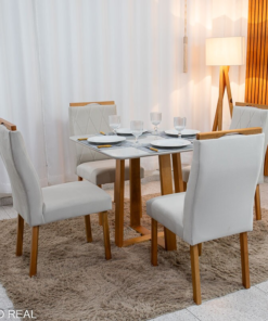 Mesa de Jantar Pedro 90x90 Vidro Off/Base Madeira + 4 Cad. Lisboa Veludo Bege 512 Madeira Art Assento - Entregue Montada - Imagem 3