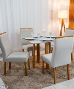 Mesa de Jantar Pedro 90x90 Vidro Off/Base Madeira + 4 Cad. Lisboa Veludo Bege 512 Madeira Art Assento - Entregue Montada