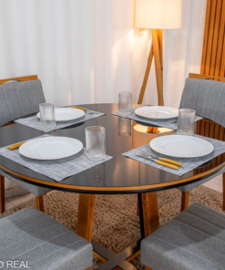 Alternative view of Mesa de Jantar Atlanta Redonda 120cm Vidro Preto/Base Madeira - Minas Plac + 4 Cad.  Isabela Linho Cinza 05 Madeira KM Decor - Entregue Montada