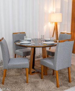 Mesa de Jantar Atlanta Redonda 120cm Vidro Preto/Base Madeira - Minas Plac + 4 Cad.  Isabela Linho Cinza 05 Madeira KM Decor - Entregue Montada