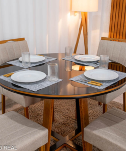 Alternative view of Mesa de Jantar Atlanta Redonda 120cm Vidro Preto/Base Madeira - Minas Plac + 4 Cad. Isabela Linho Bege 01 Madeira KM Decor - Entregue Montada