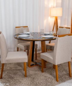 Mesa de Jantar Atlanta Redonda 120cm Vidro Preto/Base Madeira - Minas Plac + 4 Cad. Isabela Linho Bege 01 Madeira KM Decor - Entregue Montada