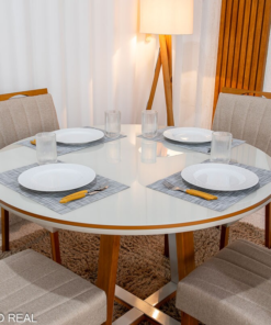 Alternative view of Mesa de Jantar Atlanta Redonda 120cm Vidro Off/Base Madeira - Minas Plac + 4 Cad. Isabela Linho Bege 01 Madeira KM Decor - Entregue Montada