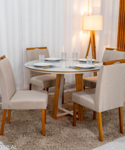 Mesa de Jantar Atlanta Redonda 120cm Vidro Off/Base Madeira - Minas Plac + 4 Cad. Isabela Linho Bege 01 Madeira KM Decor - Entregue Montada